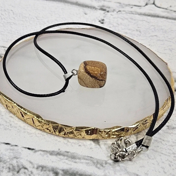 Picture Stone Natural Stone Cube Necklace with 18in Black Chain SN14 - Picture 3 of 4